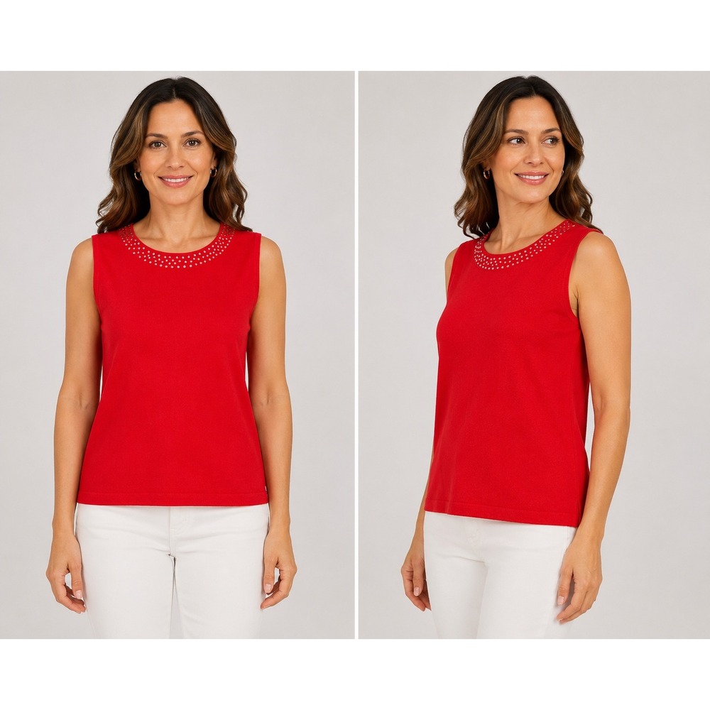 Carol Rose Petites Red Sleeveless Rhinestone Neck Knit Top PXL Rayon Blend
